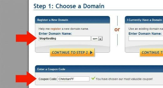 Enter domain and coupon code