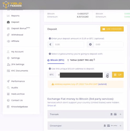 how to deposit funds on yieldnodes