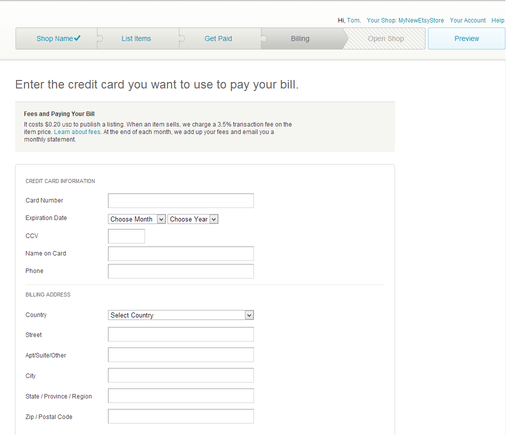 Opening an etsy store - entering billing info