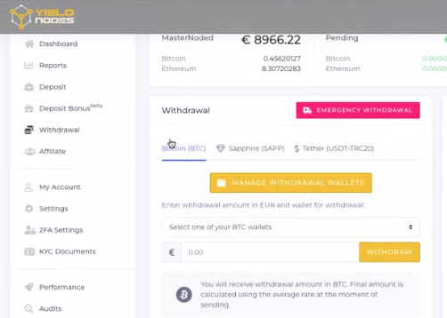 how to withdraw funds from YieldNodes