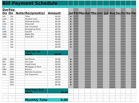 Bill payment schedule worksheet