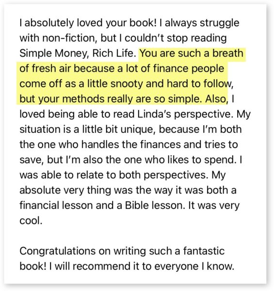 Testimonial for simple money rich life book by Bob Lotich